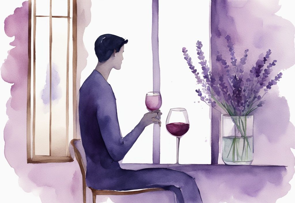 Minimalistic watercolor illustration of an elegant alcoholic narcissist gazing into a mirror with a glass of wine in hand, reflecting self-absorption and signs of alcoholism, in a lavender color theme.