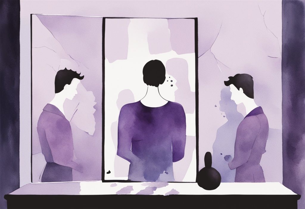 Minimalistic lavender watercolor illustration of a figure holding a cracked mirror, reflecting a saddened person and a narcissistic person, depicting a devaluation scenario.