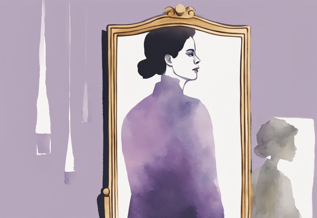 Minimalistic lavender watercolor illustration of a person intensely admiring their reflection in a mirror, highlighting the difference between narcissist and selfish.