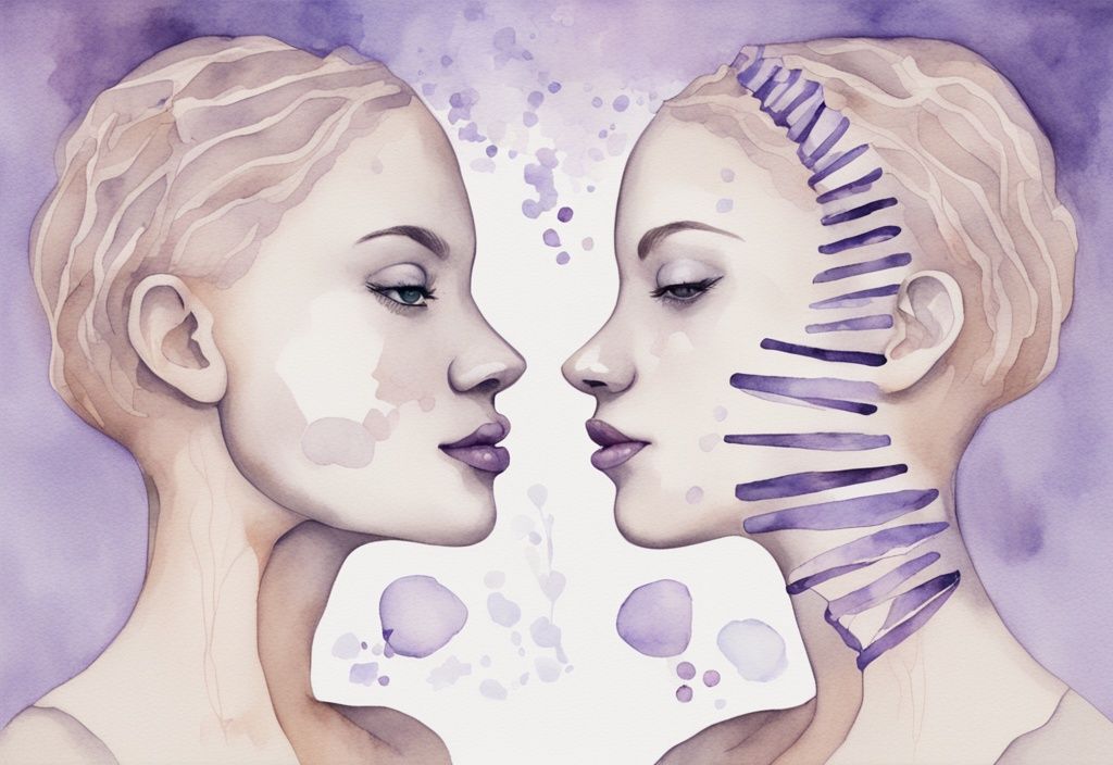 Minimalistic lavender watercolor illustration of DNA helix unraveling into a mirror reflecting an individual's face.