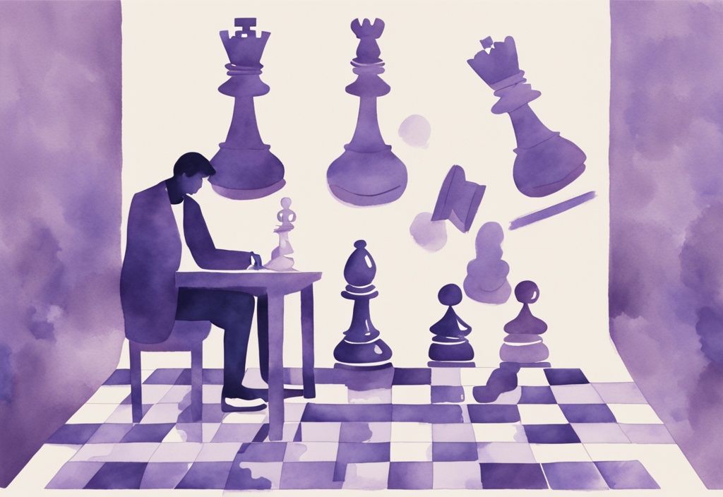 Minimalistic watercolor illustration of a confident individual making a chess move, with a frustrated person reflected in shiny pieces, symbolizing outsmarting, lavender color theme.