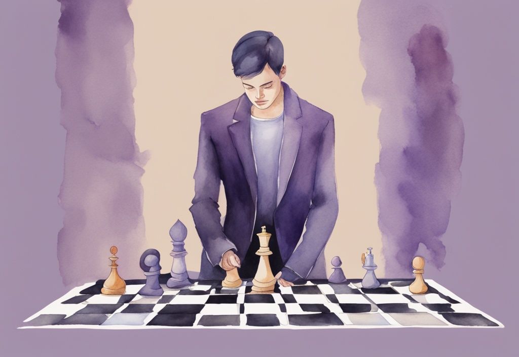 Minimalistic watercolor illustration in lavender theme showing a narcissist manipulating a chessboard with human pieces, representing the 14 signs a narcissist is playing mind games with you.