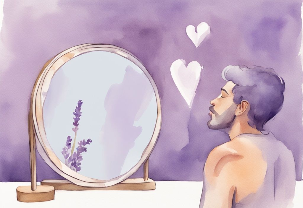 Minimalistic lavender watercolor illustration of a narcissist looking into a heart-shaped mirror, exploring the question are narcissists capable of love.