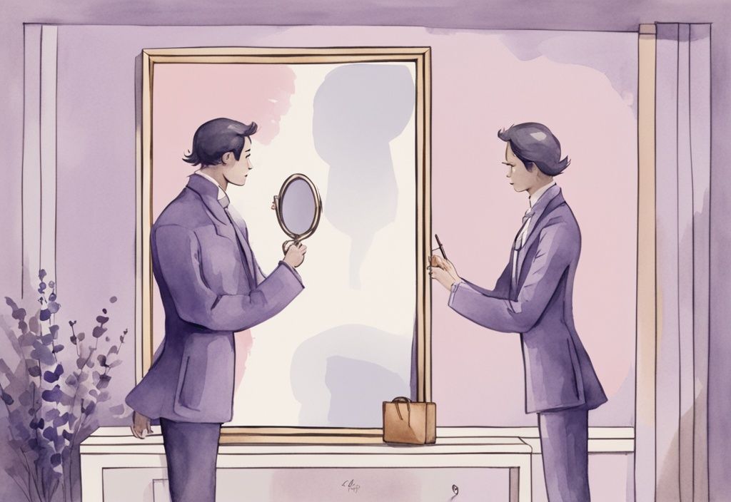 Minimalistic watercolor illustration in lavender theme depicting how to make a narcissist obsessed with you, featuring a provocatively dressed character unveiling a mirror to an entranced narcissistic person.