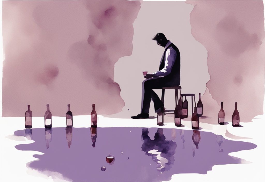 Minimalistic watercolor illustration of a man gazing at his reflection in spilled wine, with scattered empty bottles, lavender color theme.