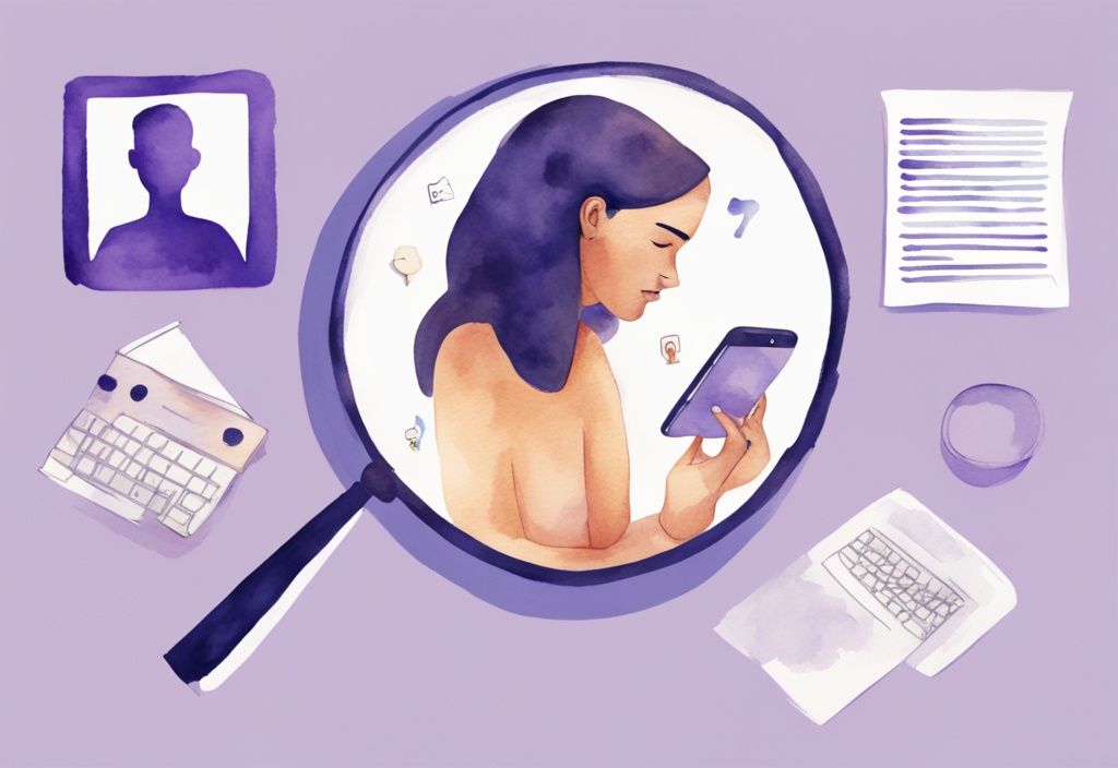 Minimalistic watercolor illustration of a person with a magnifying glass reflecting social media posts and text messages suggesting cheating and narcissistic traits, lavender theme