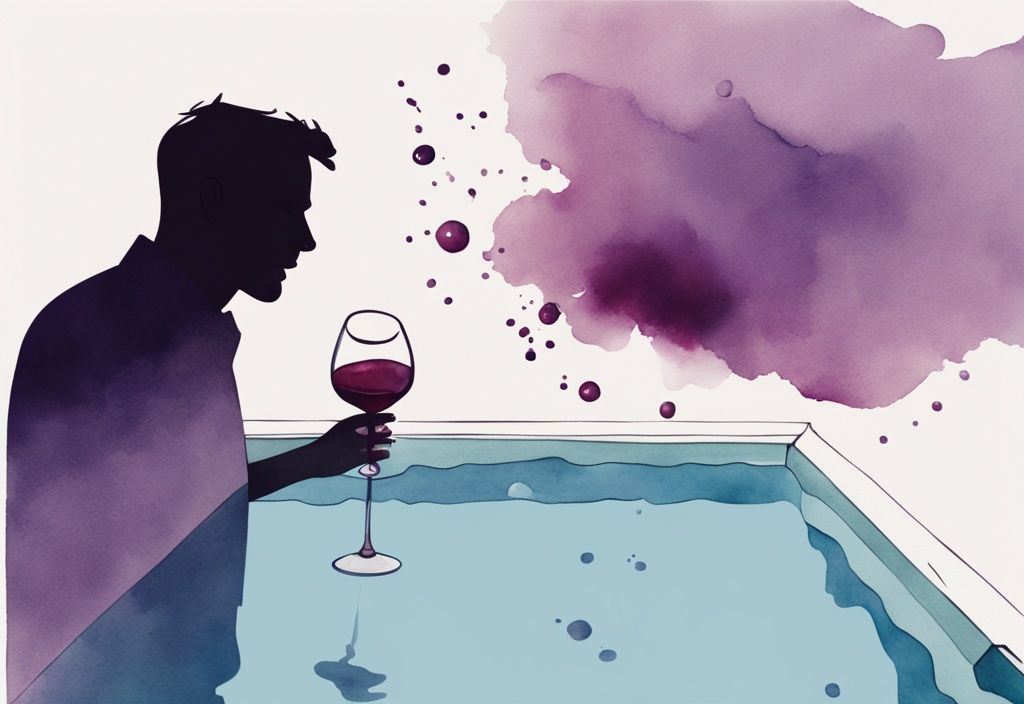 Minimalistic watercolor illustration of a man gazing at his reflection in spilled wine with scattered empty bottles, lavender color theme.