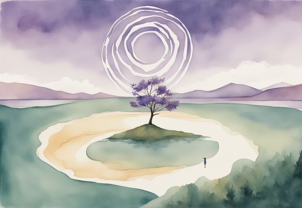 Minimalistic watercolor illustration of a person on a hill at sunrise symbolizing awareness, a woman drawing boundaries in sand, a serene lake with lush greens, and a lone tree in a devastated landscape representing resilience.