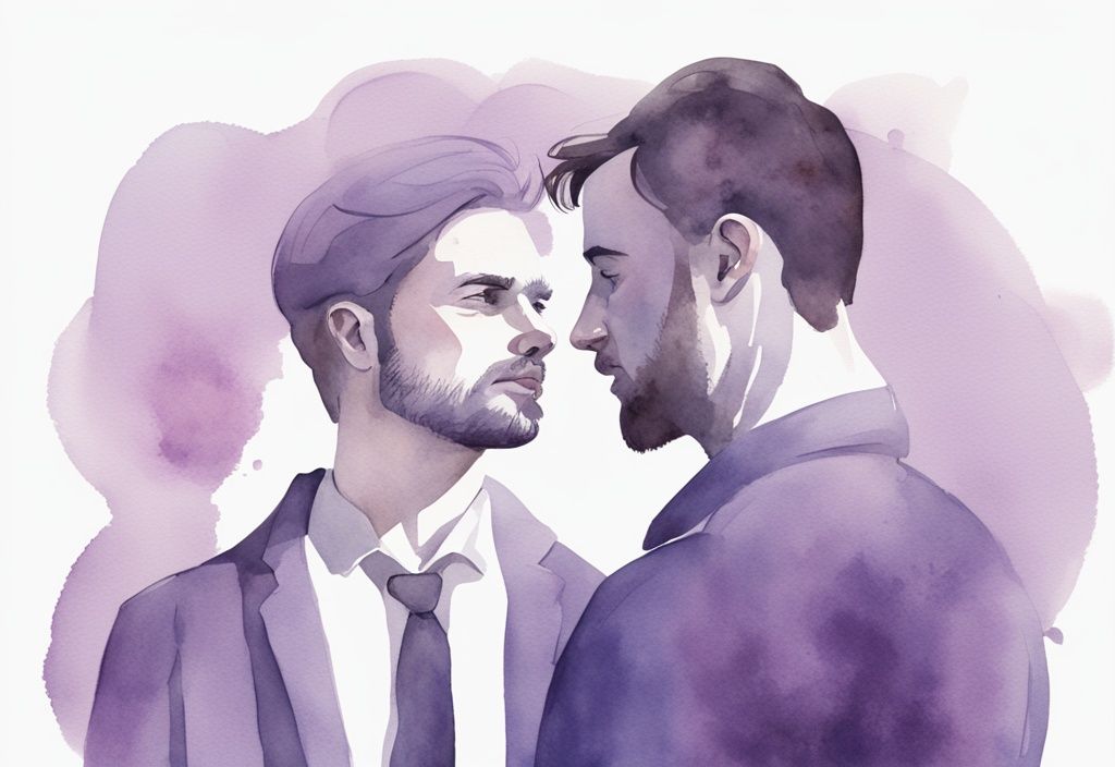 Minimalistic watercolor illustration of a passive-aggressive narcissist husband ignoring his frustrated partner, lavender color theme.