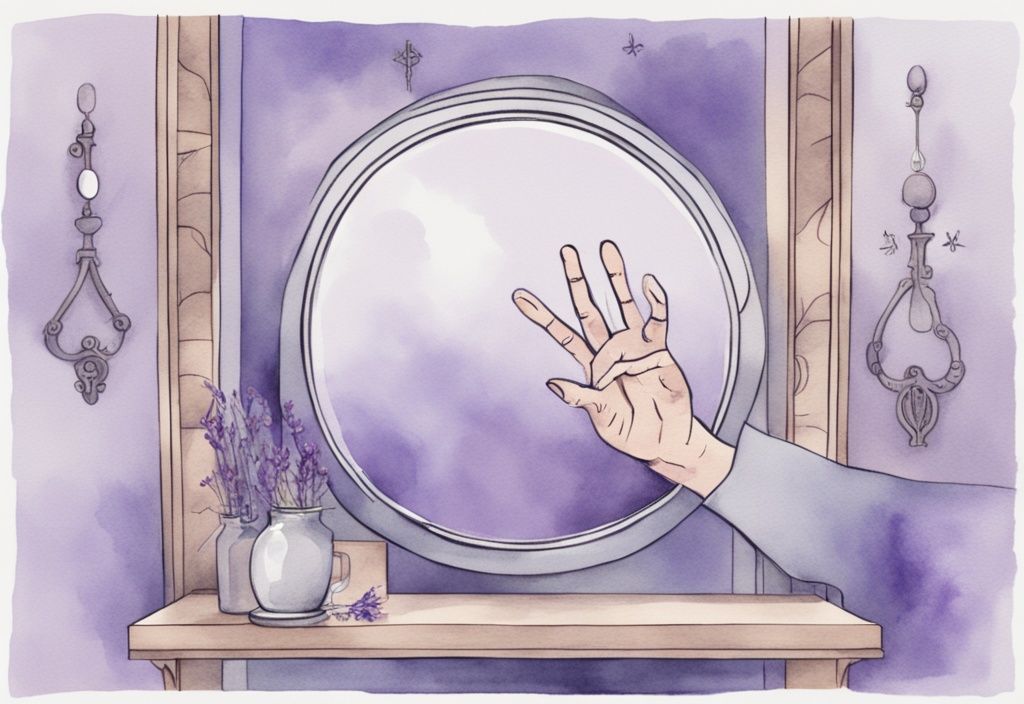 Minimalistic lavender watercolor illustration of a divine hand pointing to a mirror reflecting a narcissist's distorted image, surrounded by 16 floating symbols.