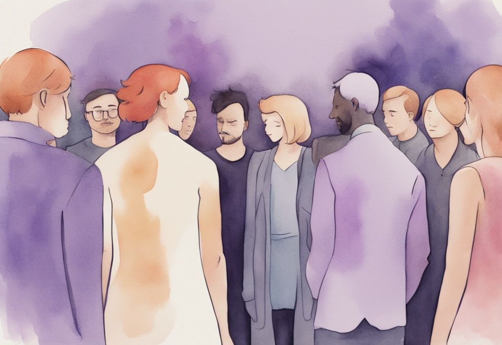 Minimalistic lavender watercolor illustration of a social gathering highlighting signs a narcissist wants your attention, with a central figure boasting and others showing admiration, jealousy, or emotional disconnection while discreetly exploiting each other.