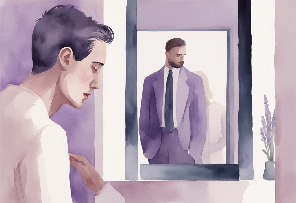 Minimalistic watercolor illustration of a man gazing at his reflection in a mirror, ignoring a hurt woman beside him, lavender color theme.