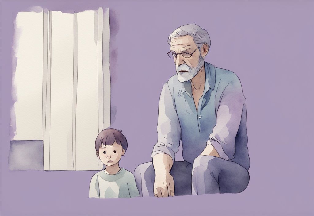 Minimalistic watercolor illustration of a stern father dismissing an upset child, lavender color theme.