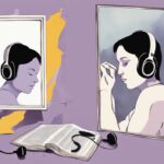 Minimalistic lavender watercolor illustration of headphones beside a shattered mirror reflecting a self-absorbed individual, with a loving figure in the background holding a songbook titled "Love for a Narcissist," representing songs about loving a narcissist.