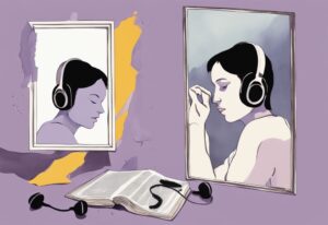 Minimalistic lavender watercolor illustration of headphones beside a shattered mirror reflecting a self-absorbed individual, with a loving figure in the background holding a songbook titled "Love for a Narcissist," representing songs about loving a narcissist.