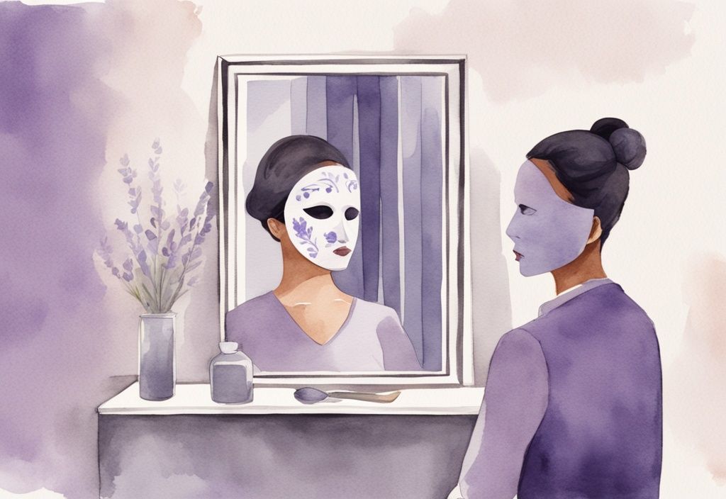 Minimalistic lavender watercolor illustration of a woman suspiciously observing her husband hiding behind a charming mask in a mirror reflection.