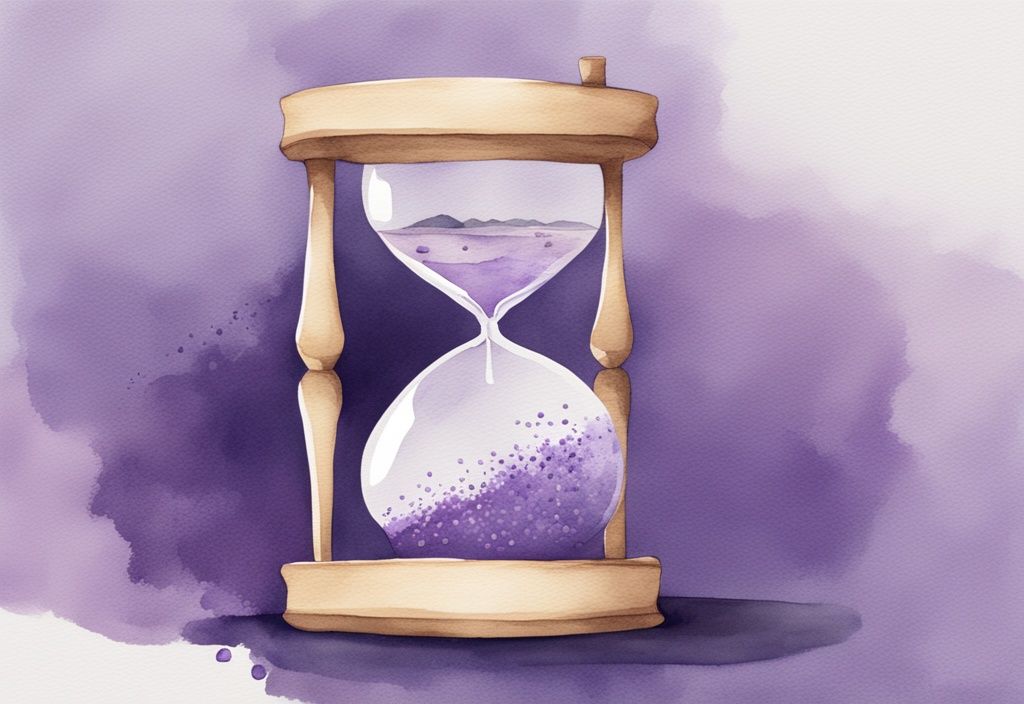 Minimalistic lavender watercolor illustration of a burning hourglass with glowing sand grains representing the intensity of time passing.