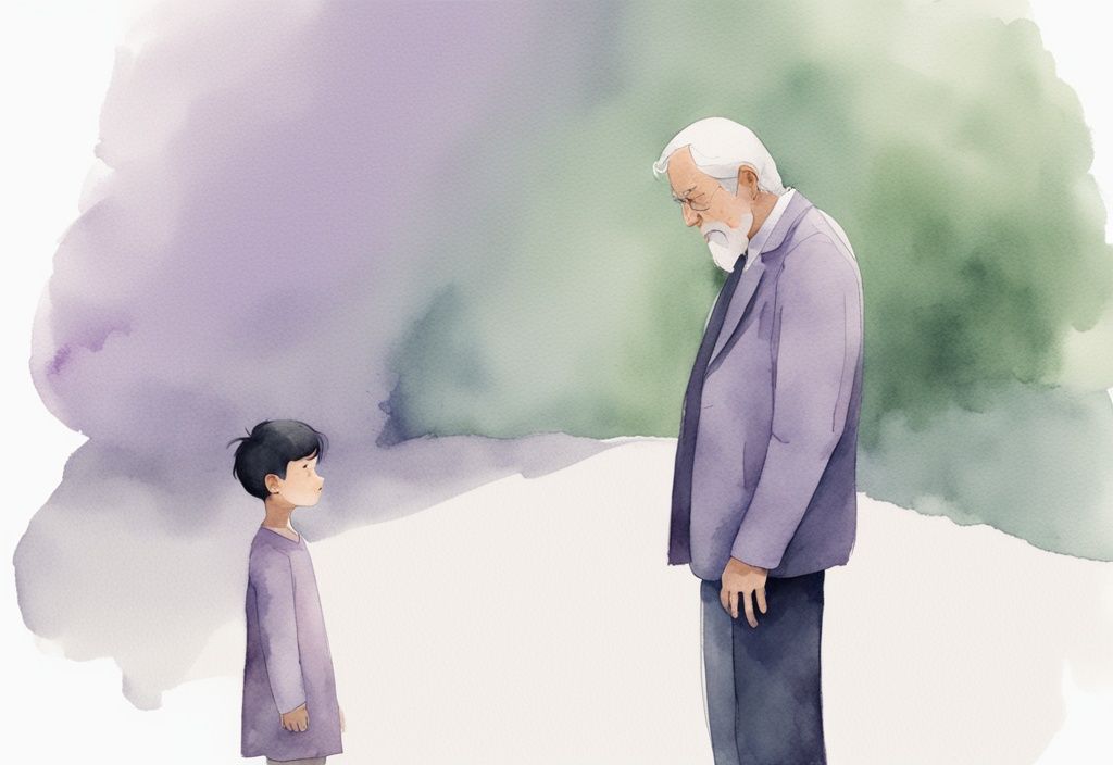 Minimalistic watercolor illustration of stern father talking to upset child in lavender tones