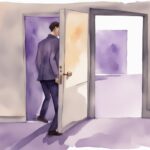 Minimalistic watercolor illustration of a narcissist stepping out of a door and looking back, signs a narcissist will come back, lavender theme.