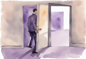 Minimalistic watercolor illustration of a narcissist stepping out of a door and looking back, signs a narcissist will come back, lavender theme.