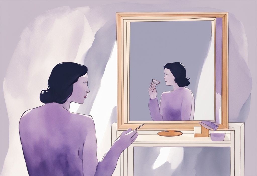 Minimalistic lavender watercolor illustration of a grandiose person reflected in a large mirror with a puzzled smaller reflection in a handheld mirror