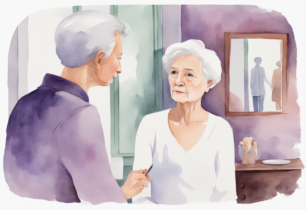 Minimalistic lavender watercolor illustration of a narcissistic mother-in-law admiring her reflection in a mirror, ignoring a young couple talking in the background.