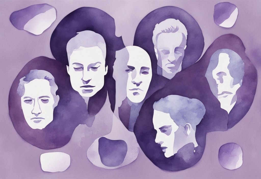 Minimalistic watercolor illustration with lavender theme, famous faces behind cracked mirrors reflecting various emotions and self-images