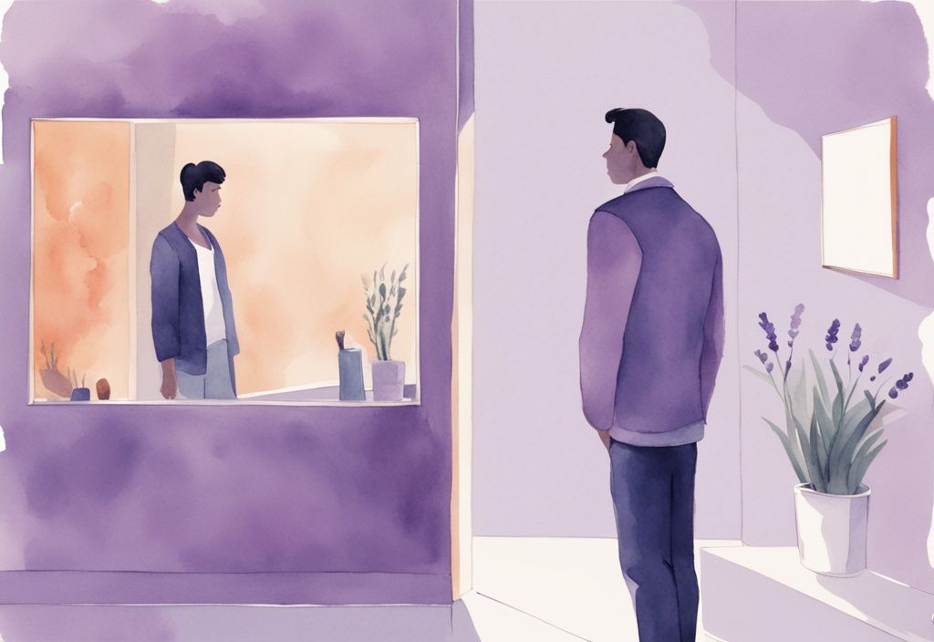 Minimalistic watercolor illustration of a man admiring himself in a mirror, ignoring his upset girlfriend in the background, with a lavender color theme.