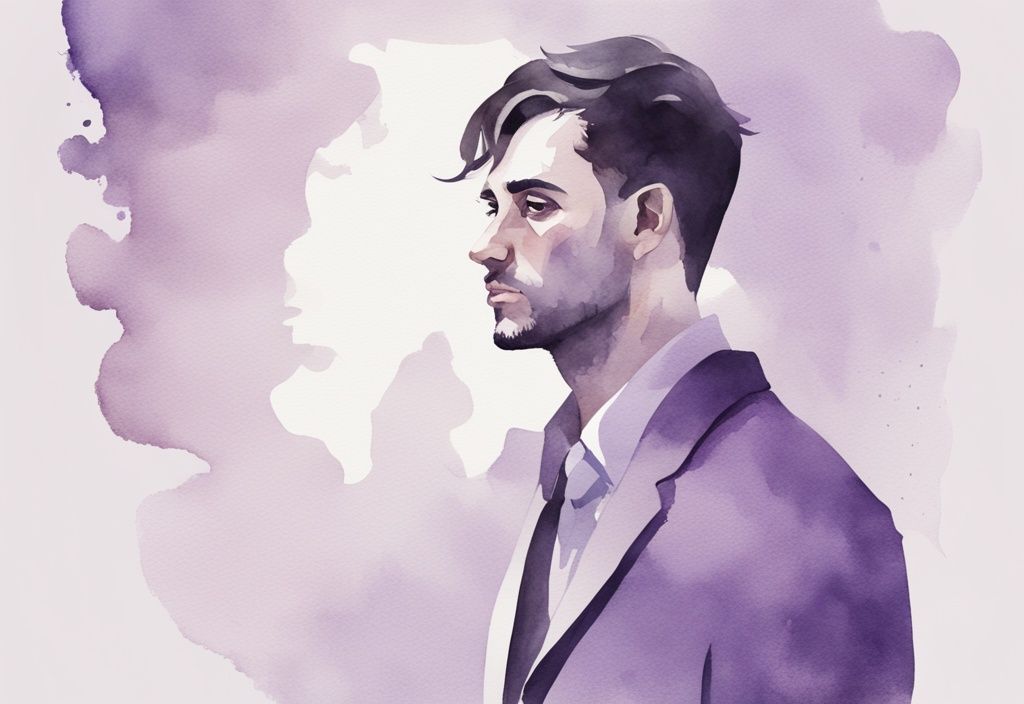 Minimalistic watercolor illustration of a charming man with manipulative shadowed eyes in lavender tones.