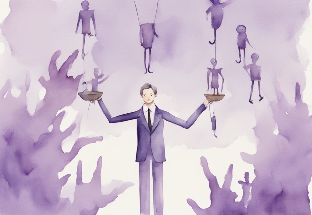 Minimalistic lavender watercolor illustration of a grandiose narcissist with a charming smile manipulating puppet figures of fearful people.