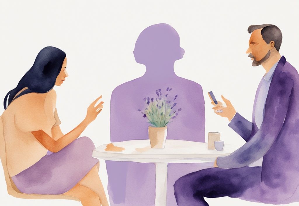 Minimalistic watercolor illustration of two people in deep conversation, showcasing conversational narcissism, with a lavender color theme.