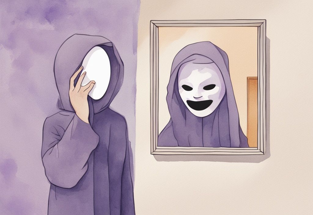 Minimalistic watercolor illustration of a person in front of a mirror, removing a smiling mask to reveal a terrified face, main color theme lavender