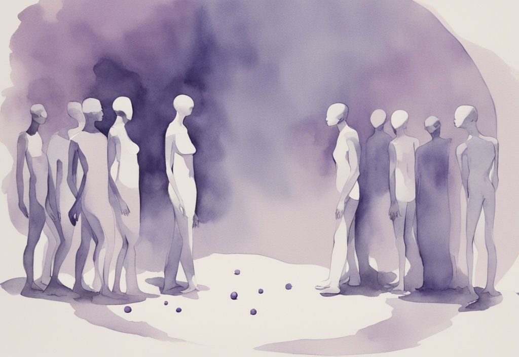 Minimalistic watercolor illustration with lavender theme, depicting grandiose narcissists dangerous, exaggerated figure in mirror threatening smaller apprehensive figures.