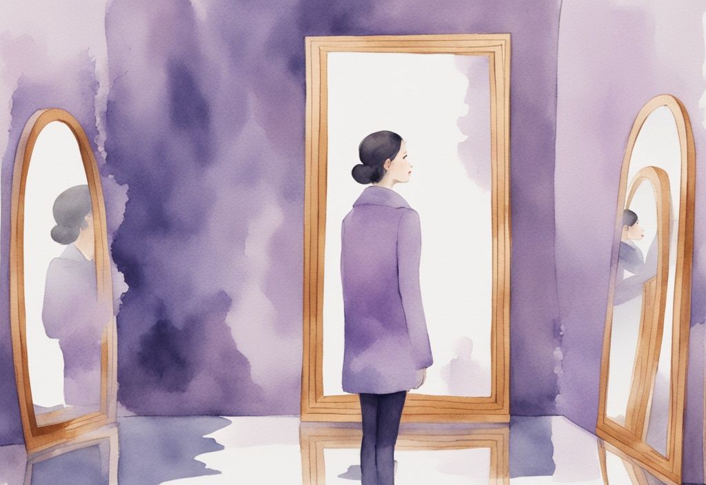 Minimalistic watercolor illustration of a person admiring their reflection in a mirror with a fixated expression, highlighting the difference between narcissist and selfish, in a lavender color theme.