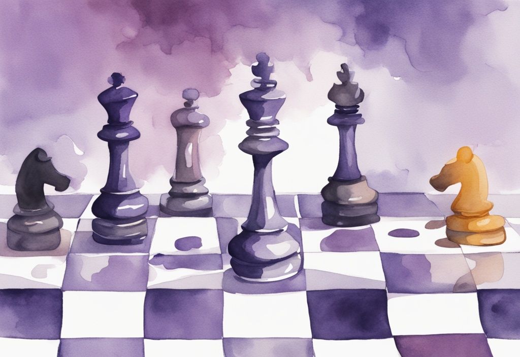 Minimalistic watercolor illustration of a confident individual making a chess move with a frustrated opponent's reflection in shiny pieces, lavender color theme.