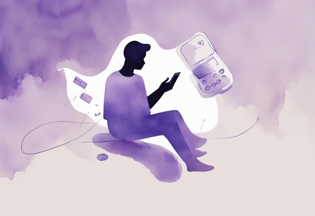 Minimalistic watercolor illustration of a figure hovering over a smartphone, hesitating to respond to over-flattering messages, lavender color theme