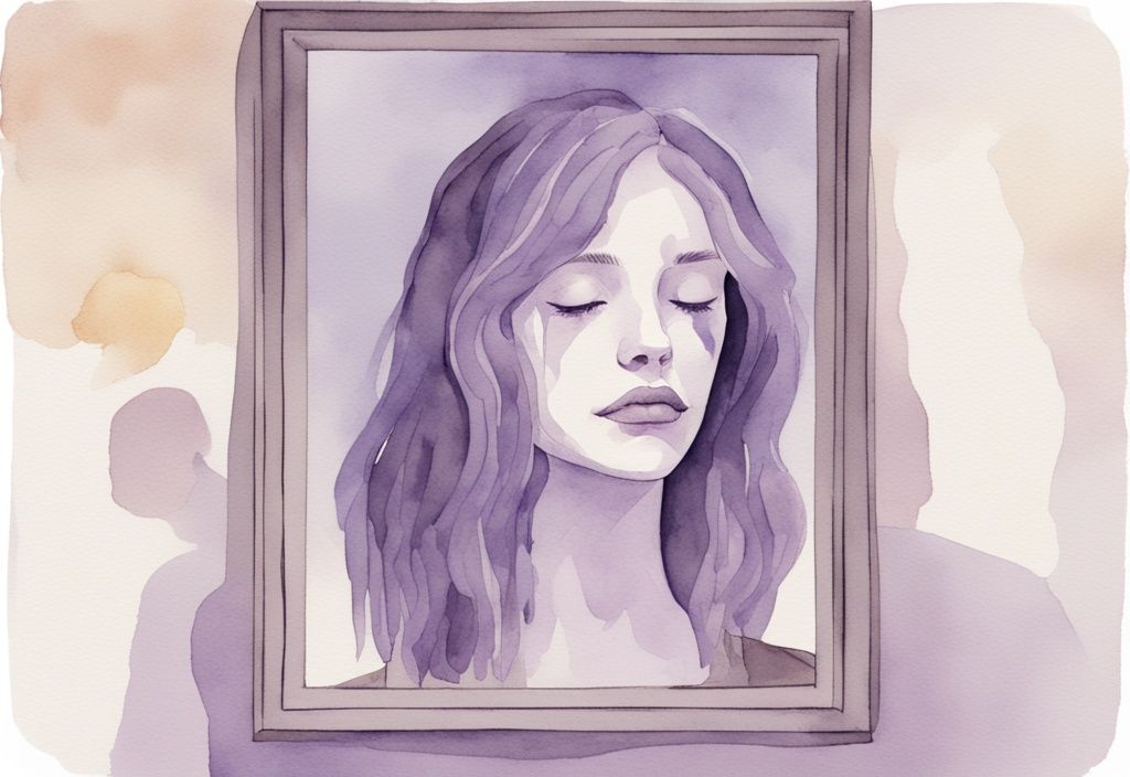 Minimalistic watercolor illustration of a mirror reflecting a distressed person with a smirking reflection, symbolizing narcissistic abuse examples in lavender tones.