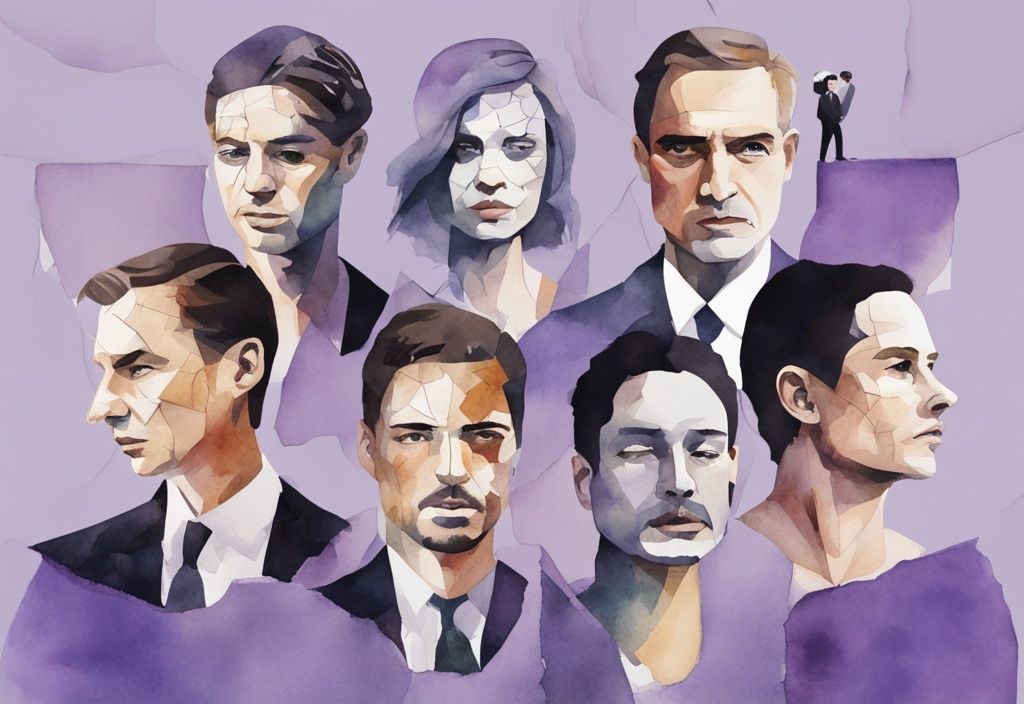 Lavender watercolor illustration of famous faces behind cracked mirrors reflecting diverse emotions and self-images