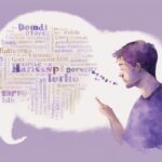 Minimalistic watercolor illustration of a man talking to a teenage boy, with a word cloud depicting phrases typical of things narcissistic fathers say, main color theme lavender.