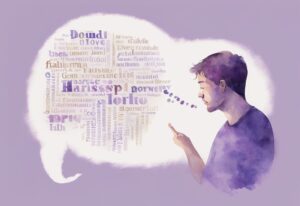 Minimalistic watercolor illustration of a man talking to a teenage boy, with a word cloud depicting phrases typical of things narcissistic fathers say, main color theme lavender.