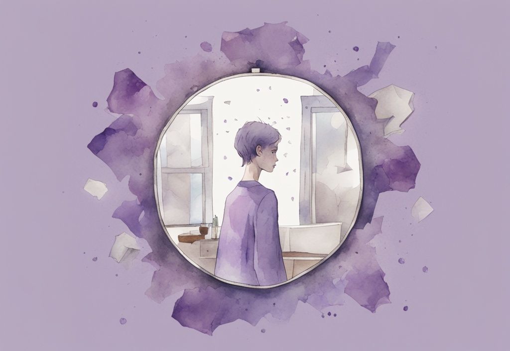 Minimalistic lavender watercolor illustration of a cracked mirror reflecting a smirking individual with toxic narcissist quotes on the shards.