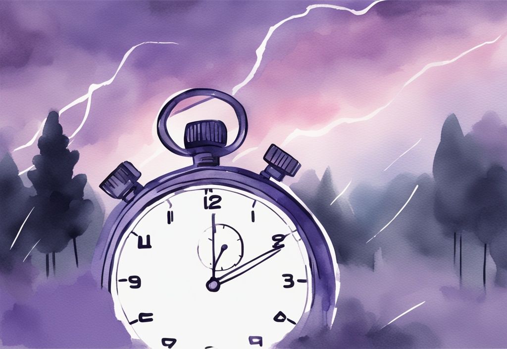 Minimalistic lavender watercolor illustration of a stopwatch with rapidly ticking hand, blurred lightning in the background, depicting the difference between love bombing and honeymoon phase.