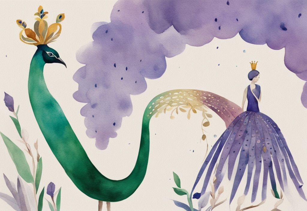 Minimalistic lavender watercolor illustration of a peacock with crown and scepter, manipulating crowd with puppet string, crushing smaller creature, green-eyed snake in background, symbolizing arrogance, envy, and lack of empathy.