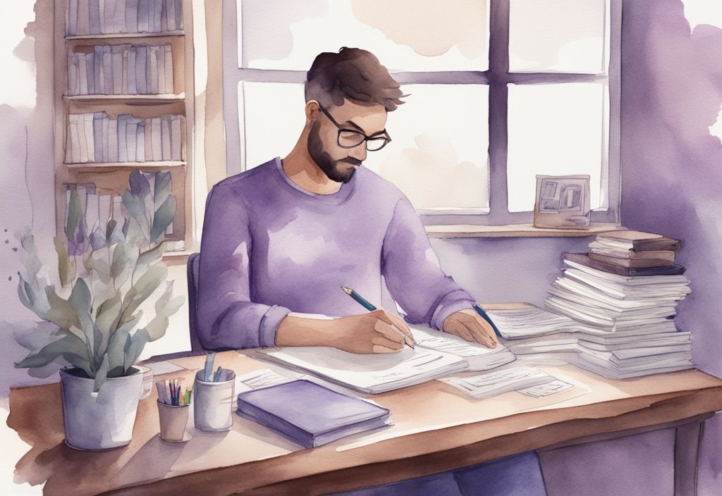 Minimalistic watercolor illustration of a person at a desk with legal paperwork, family photo, and self-help books on dealing with narcissists in lavender tones.