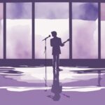 Minimalistic lavender watercolor illustration of a singer on stage, mirrored reflection, songs about narcissism.