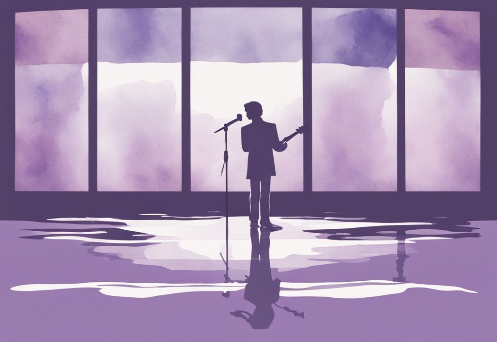 Minimalistic lavender watercolor illustration of a singer on stage, mirrored reflection, songs about narcissism.