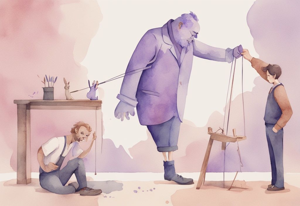 Minimalistic watercolor illustration of a man gingerly removing puppet strings from a character displaying exaggerated self-confidence, depicting how to take control away from a narcissist, with a lavender color theme.