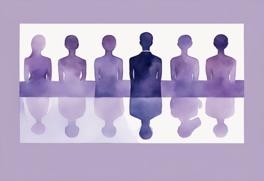 Minimalistic watercolor illustration of a man with multiple female reflections, symbolizing narcissistic infidelity, lavender color theme