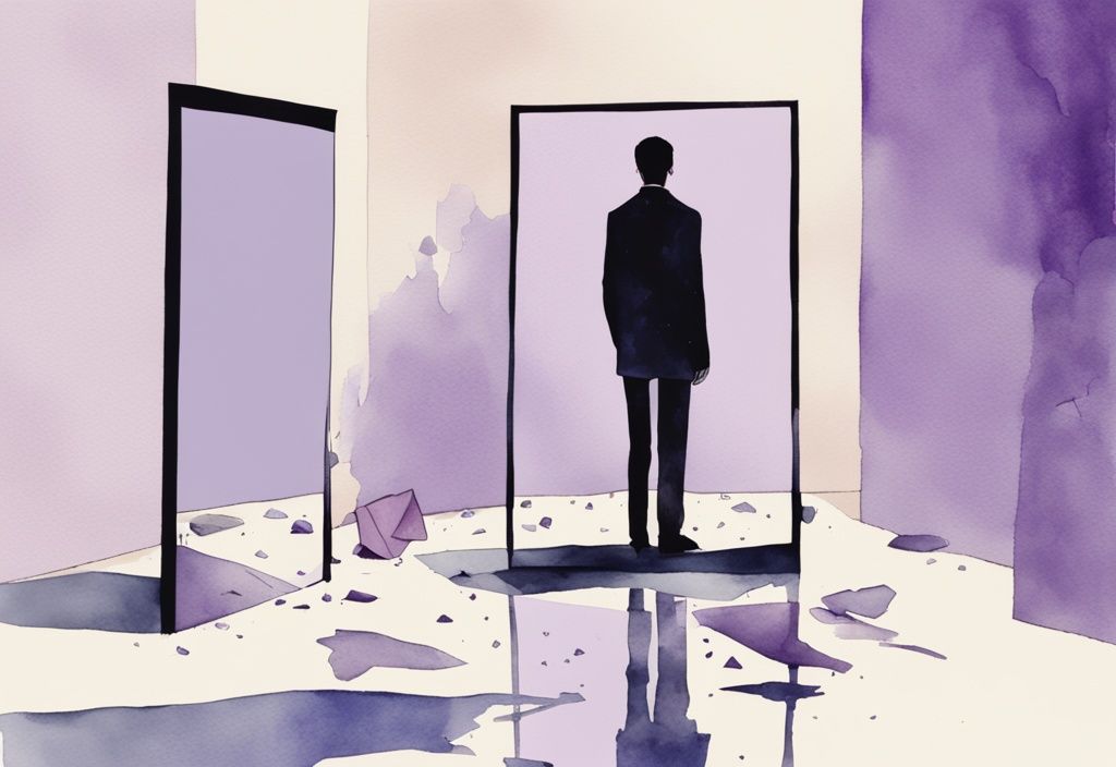 Minimalistic watercolor illustration of a shattered mirror reflecting a person walking away, symbolizing a narcissist discarding their own image, with a lavender color theme.