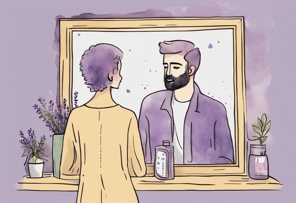 Minimalistic lavender watercolor illustration of a distressed face in a mirror with 'toxic traits' etched, oblivious partner cheerfully interacting in the background, am i toxic in my relationship